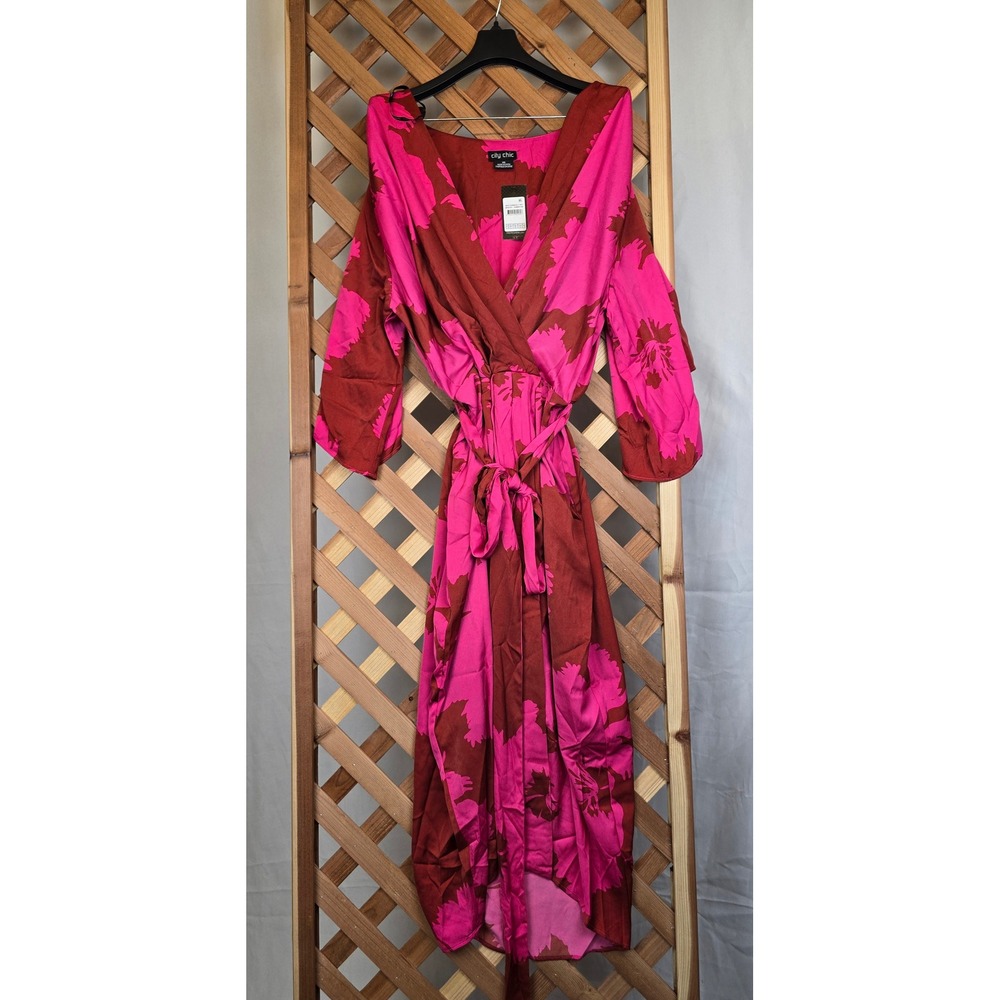 City Chic Maxi Kimberly Prt Dress Womens XS Pink Brown Floral V-Neck - NWT